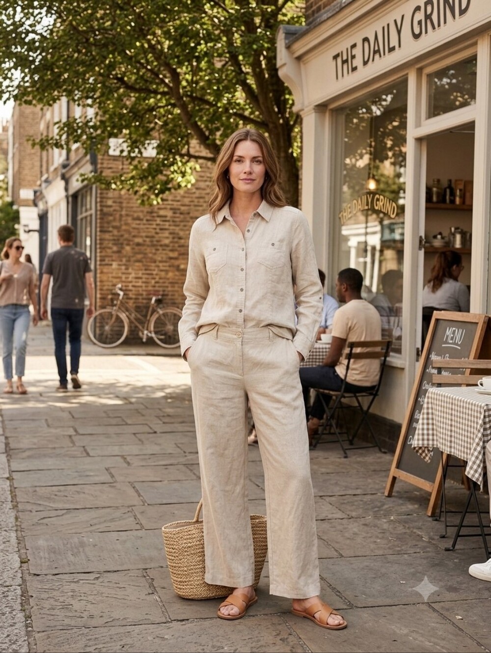 Style & Co 100% Linen Matching 2-Piece Set Shirt & Pants Oatmeal Tan Beige 14 12